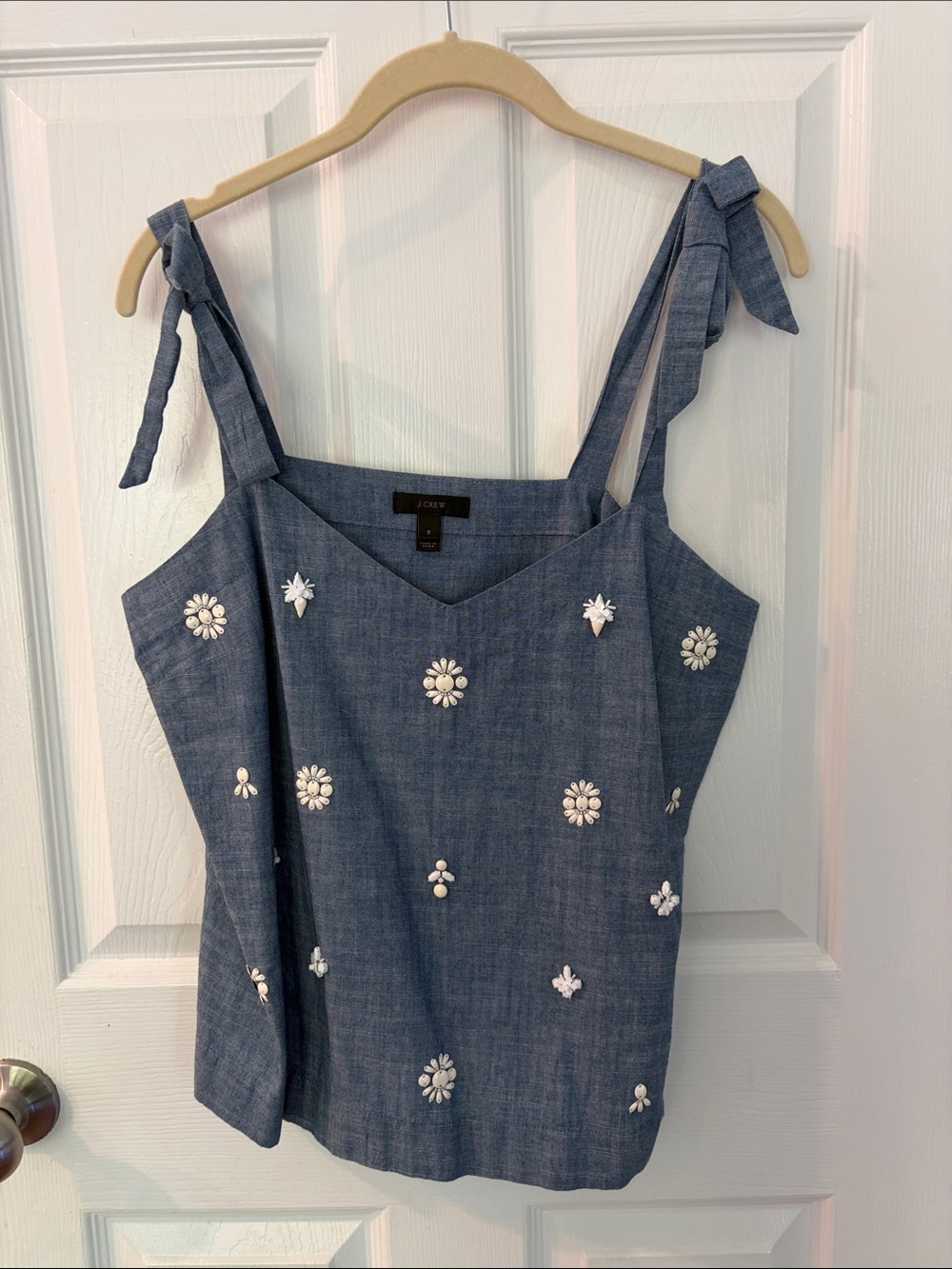 J. Crew Blue Chambray Tie-Shoulder Embroidered Tank
